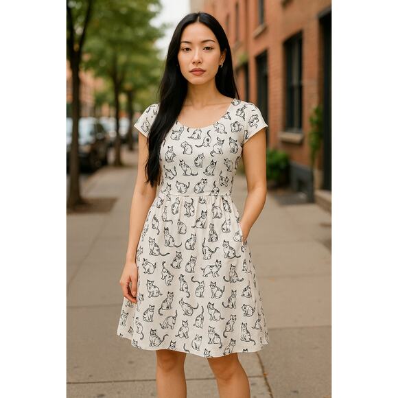 Ixia Women’s Cat Print Fit & Flare Dress White & Black Retro Style Made In USA L - Picture 9 of 9